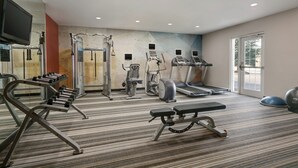 Un gimnasio con cintas de correr, máquinas de pesas y un banco.