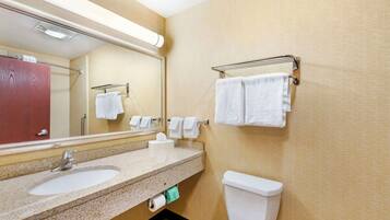 A hotel bathroom with a sink, mirror, towel rack, and toilet.