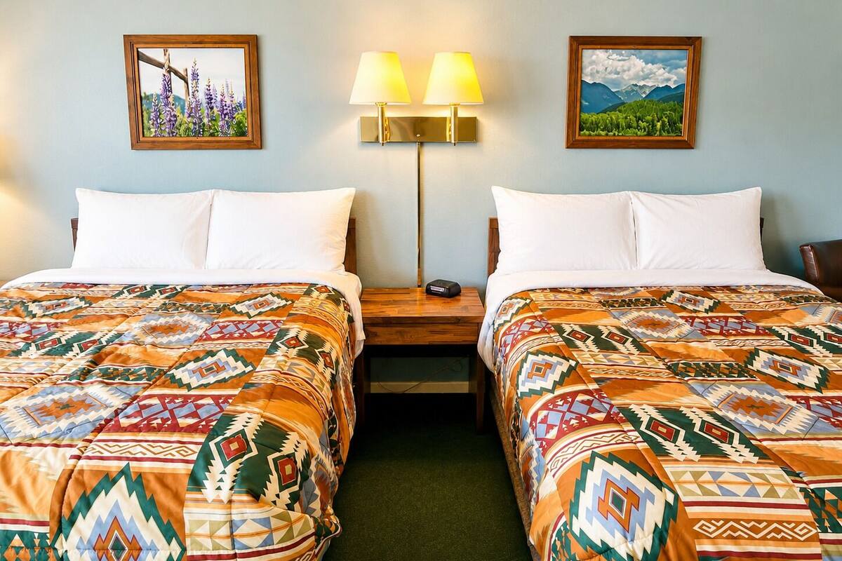 Kamar Standar, 2 Tempat Tidur Queen | Tirai kedap cahaya, setrika/meja setrika, Wi-Fi gratis, dan seprai linen