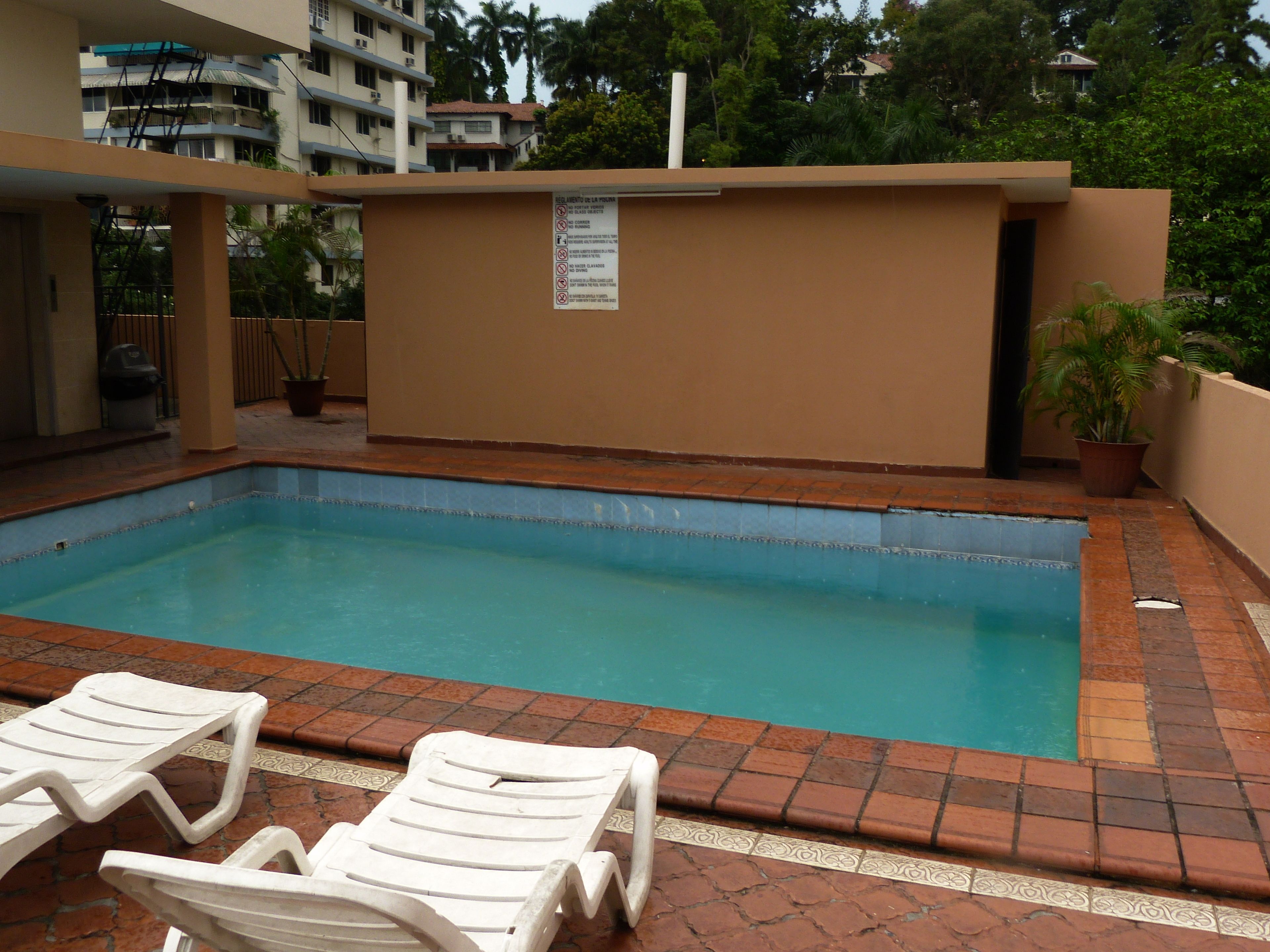 Une piscine avec deux chaises longues blanches, une plante en pot et un panneau sur le mur.