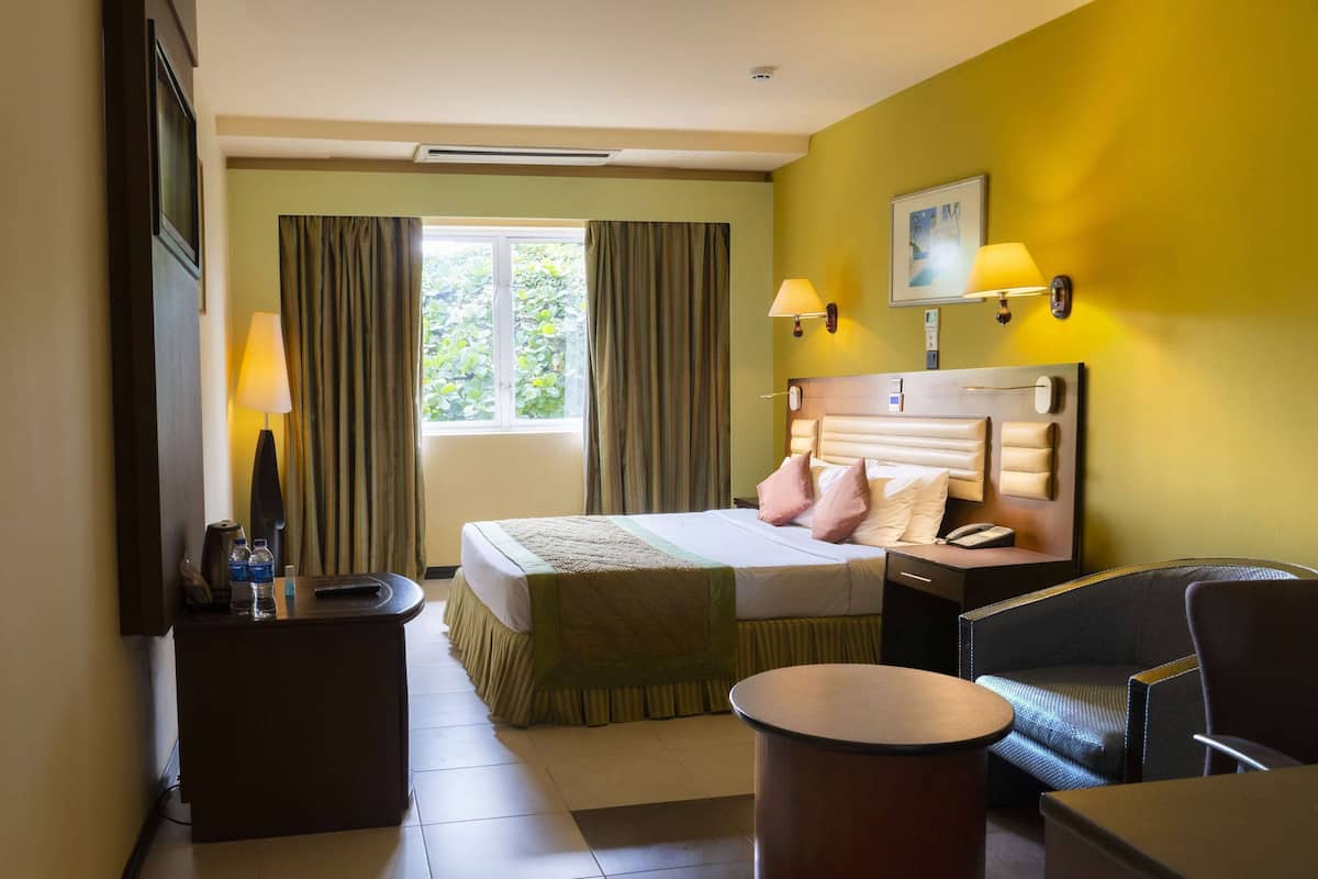 Quarto de hotel com cama, mesa de cabeceira, abajur, cadeira e vista para o verde lá fora.