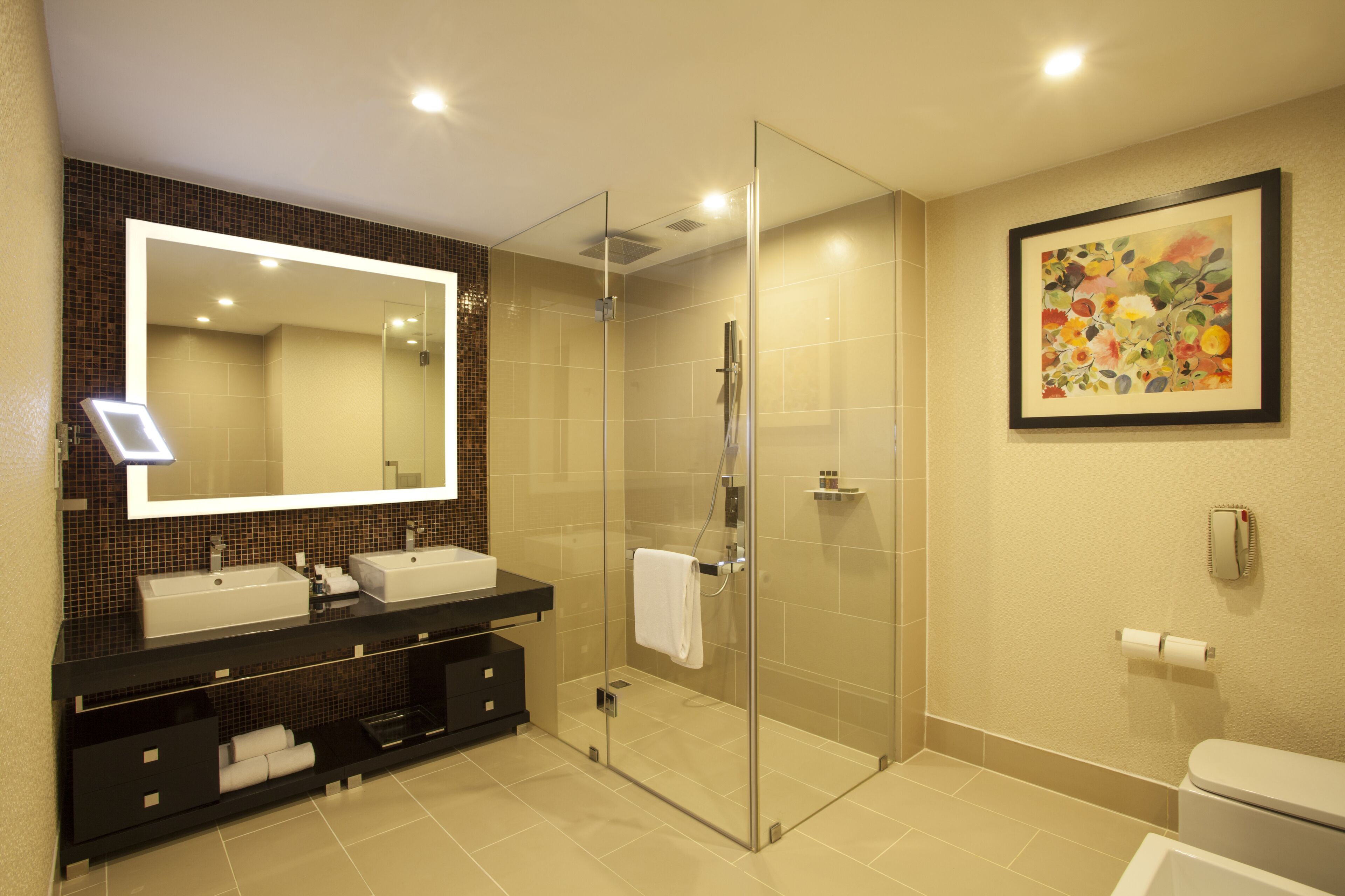 executive suite | bathroom | combined shower/bathtub, deep-soaking bathtub, rainfall showerhead