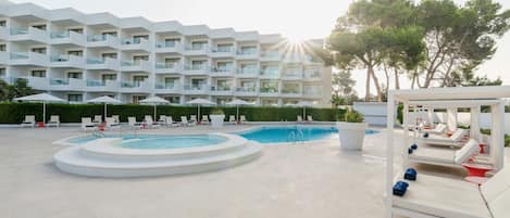 Outdoor pool, pool umbrellas, pool loungers