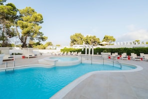 Outdoor pool, pool umbrellas, pool loungers
