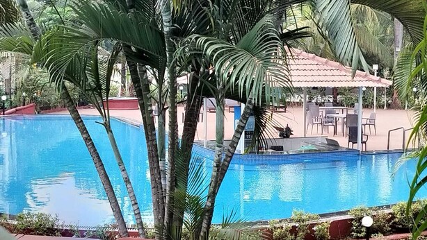 Piscina cercada por palmeiras e área coberta com mesas e cadeiras.
