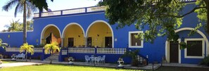 A building with blue and yellow exterior walls, white balconies, and a small garden area with a bench and palm trees.