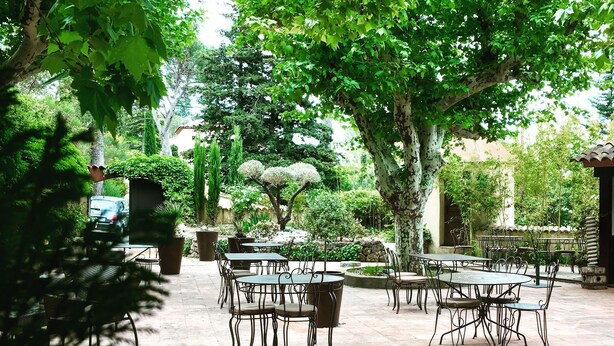 Eine Außenpatio-Terrasse mit Tischen und Stühlen, umgeben von Bäumen und Grünpflanzen.