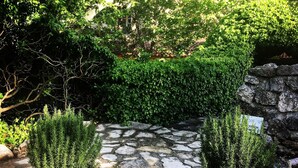 Ein gepflasterter Weg schlängelt sich durch einen üppigen Garten, beidesseits stehen Pflanzgefäße.