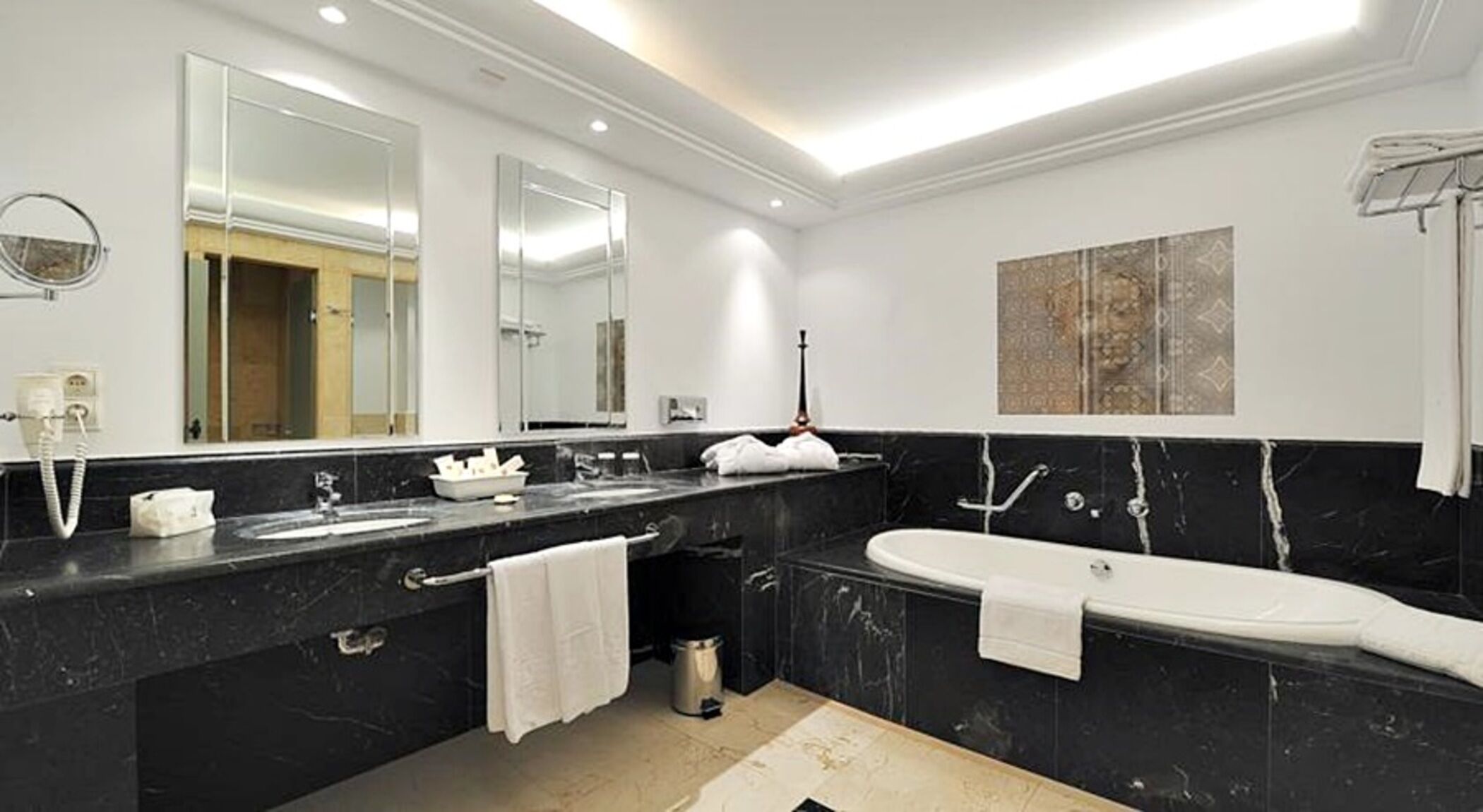 separate bathtub and shower, rainfall showerhead, hair dryer, bathrobes