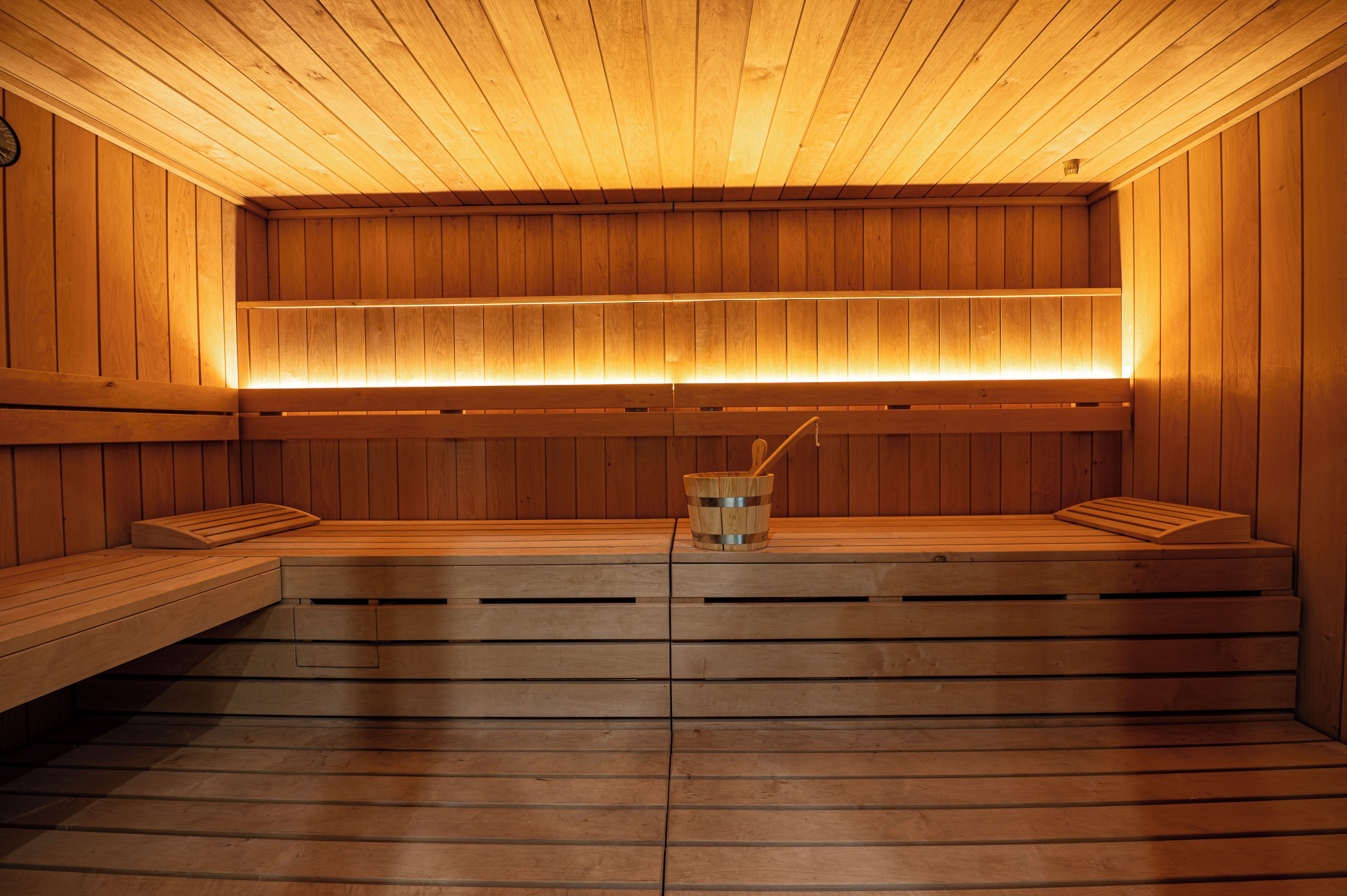 Una sauna con panche di legno e una panca con un catino e una spazzola.