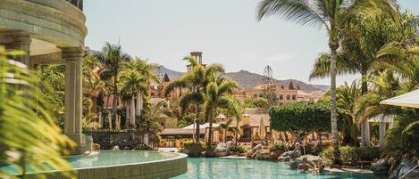 Outdoor pool, pool umbrellas, pool loungers