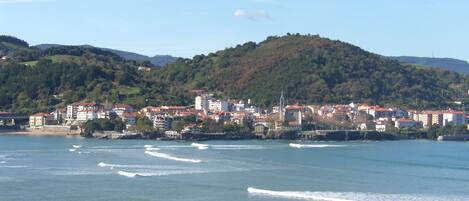 A coastal town with buildings along the shoreline and a hill in the background.