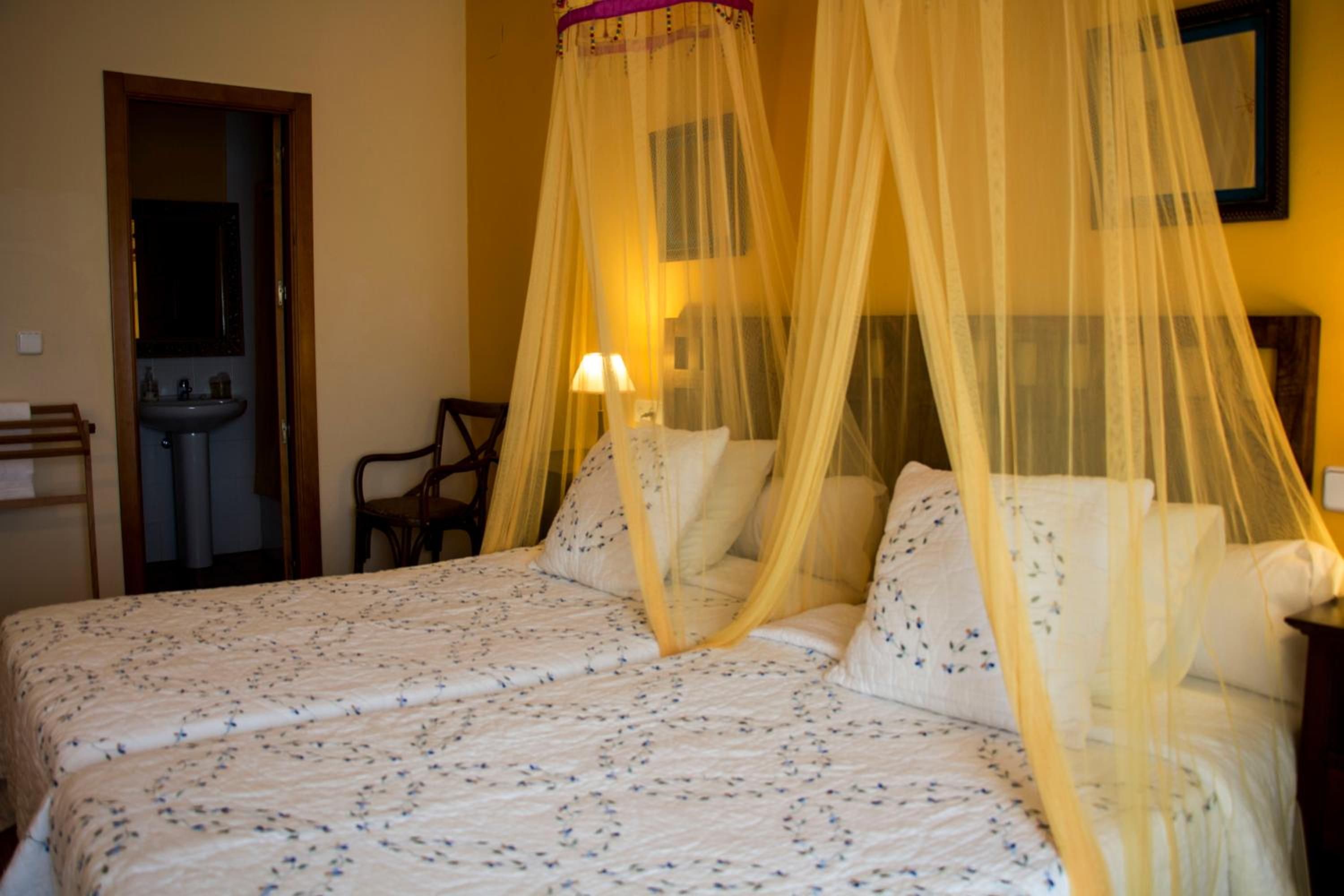 A double bed with a canopy, a bedside table, a chair, and a mirror.