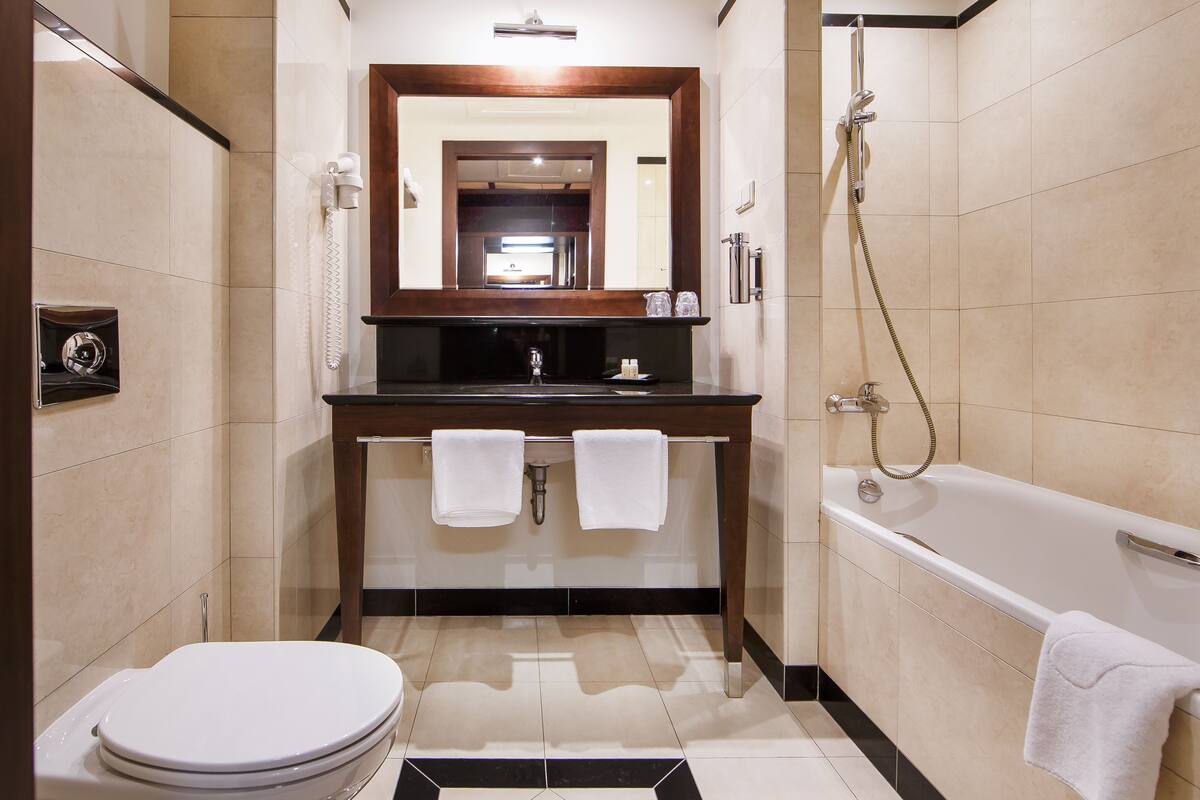 combined shower/bathtub, free toiletries, hair dryer, slippers