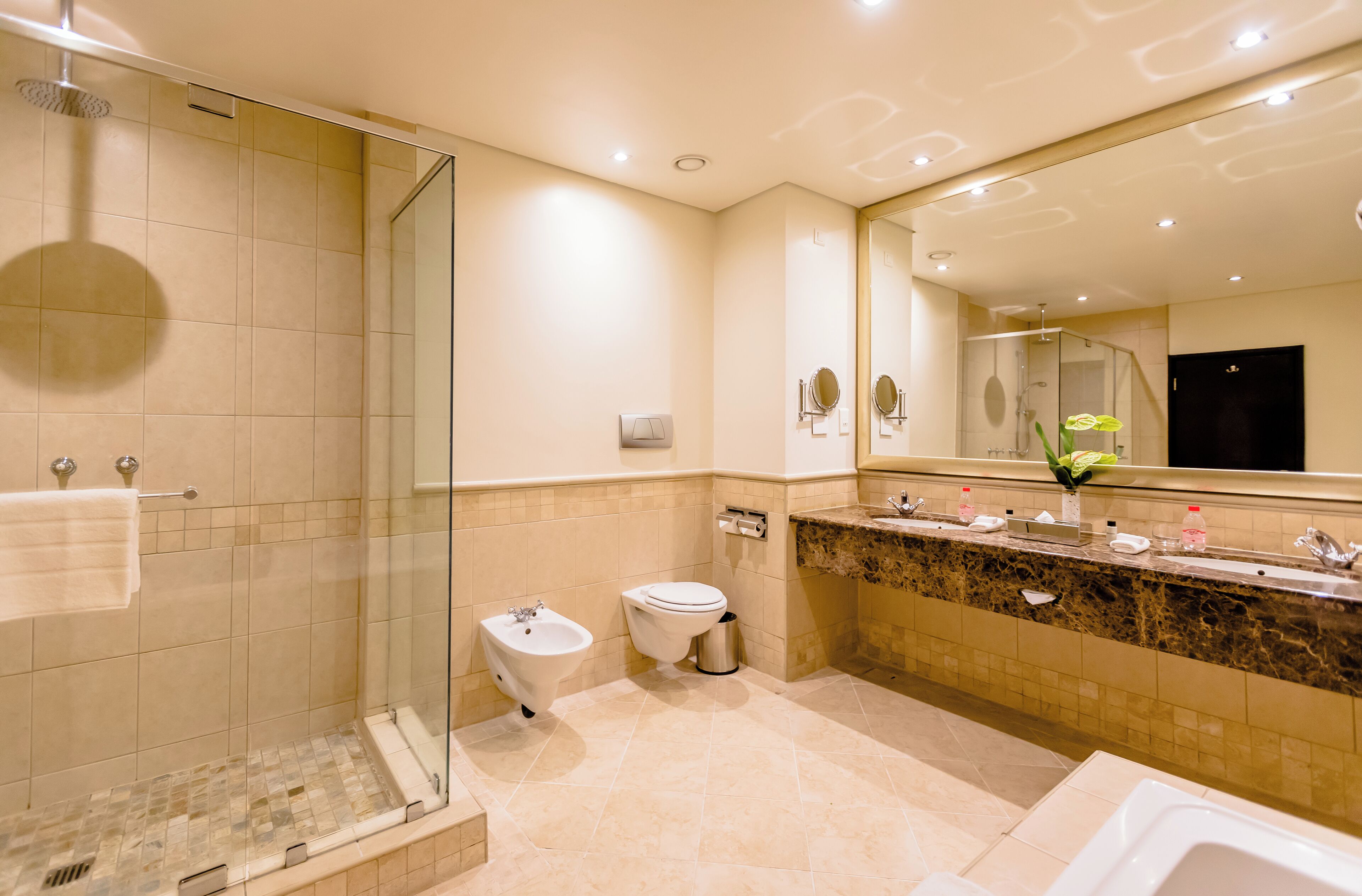 A modern bathroom with a glass-enclosed shower, a bidet, a sink with a marble countertop, and a large mirror.