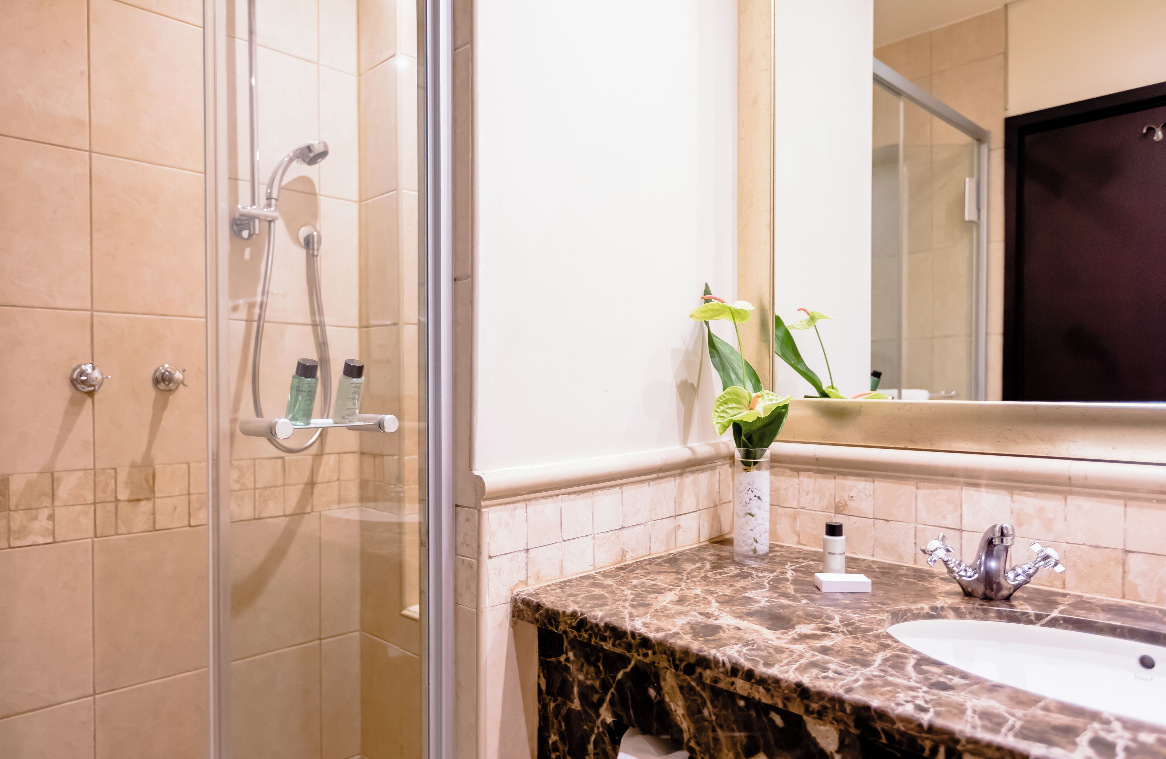 Une salle de bain avec une douche à parois de verre, un lavabo en marbre et un miroir au-dessus du lavabo.