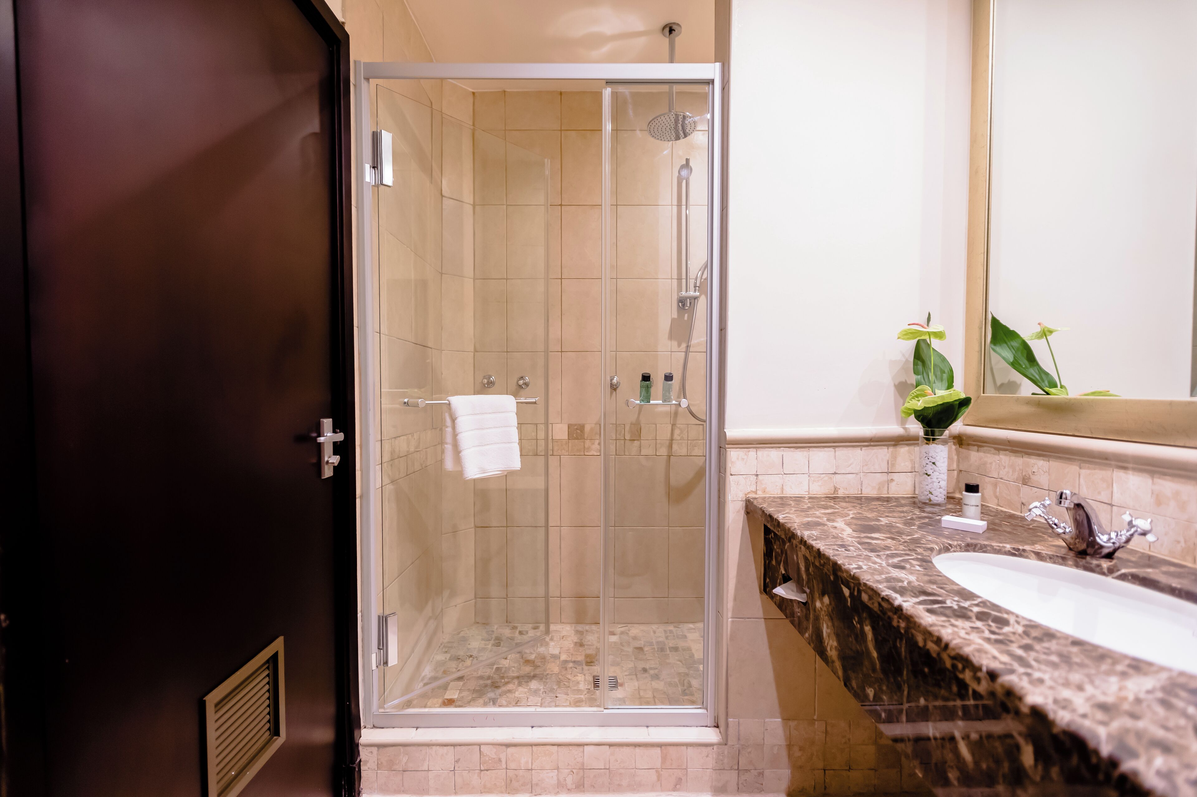 Une salle de bain moderne avec une douche à parois de verre, un lavabo en marbre et un grand miroir.