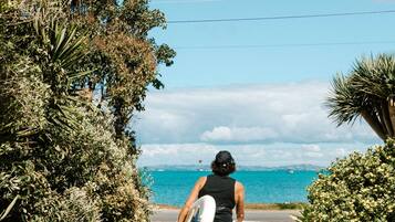 A pathway leading to a beach with a person carrying a surfboard.