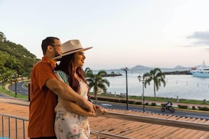 A couple standing on a balcony overlooking a waterfront with a road and palm trees.