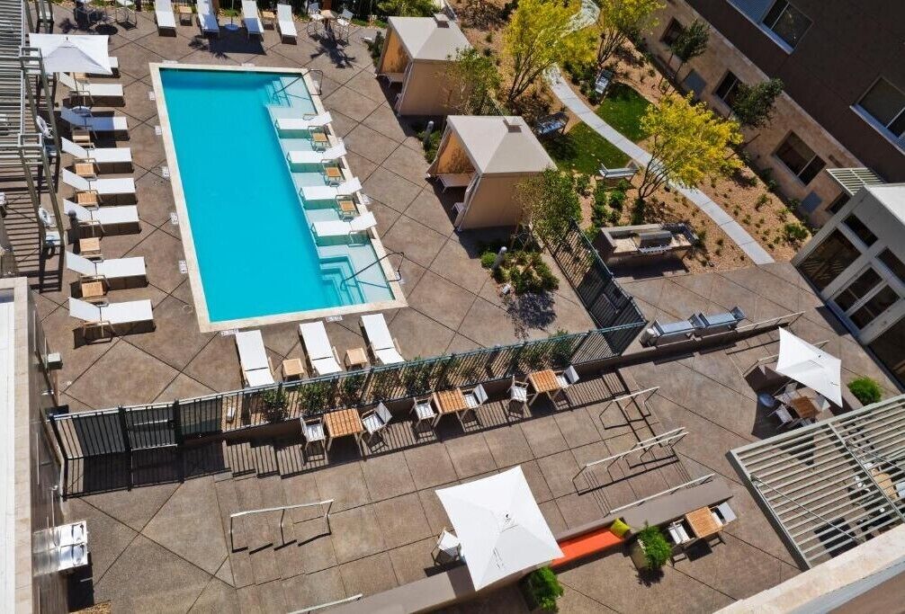 Un espace piscine aménagé sur le toit, avec des chaises longues et des parasols, entouré d’immeubles et d’arbres.
