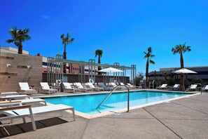 Outdoor pool, open 8 AM to 10:00 PM, free pool cabanas