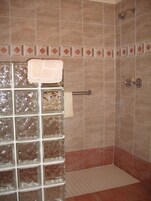 A bathroom with a glass shower enclosure, a towel rack, and a toilet paper holder.