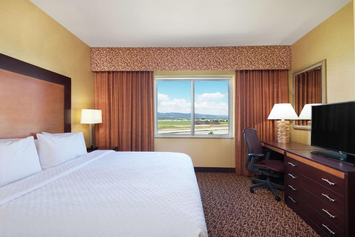A hotel room with a large bed, a desk with a television, a chair, and a window with a view of the landscape.