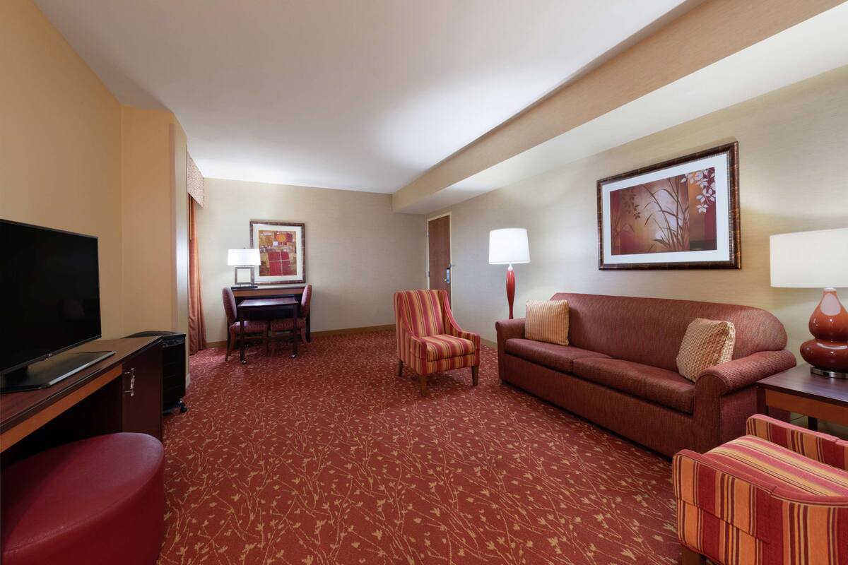 A hotel room with a red carpet, a television, a sofa, a chair, a desk, and a framed picture on the wall.
