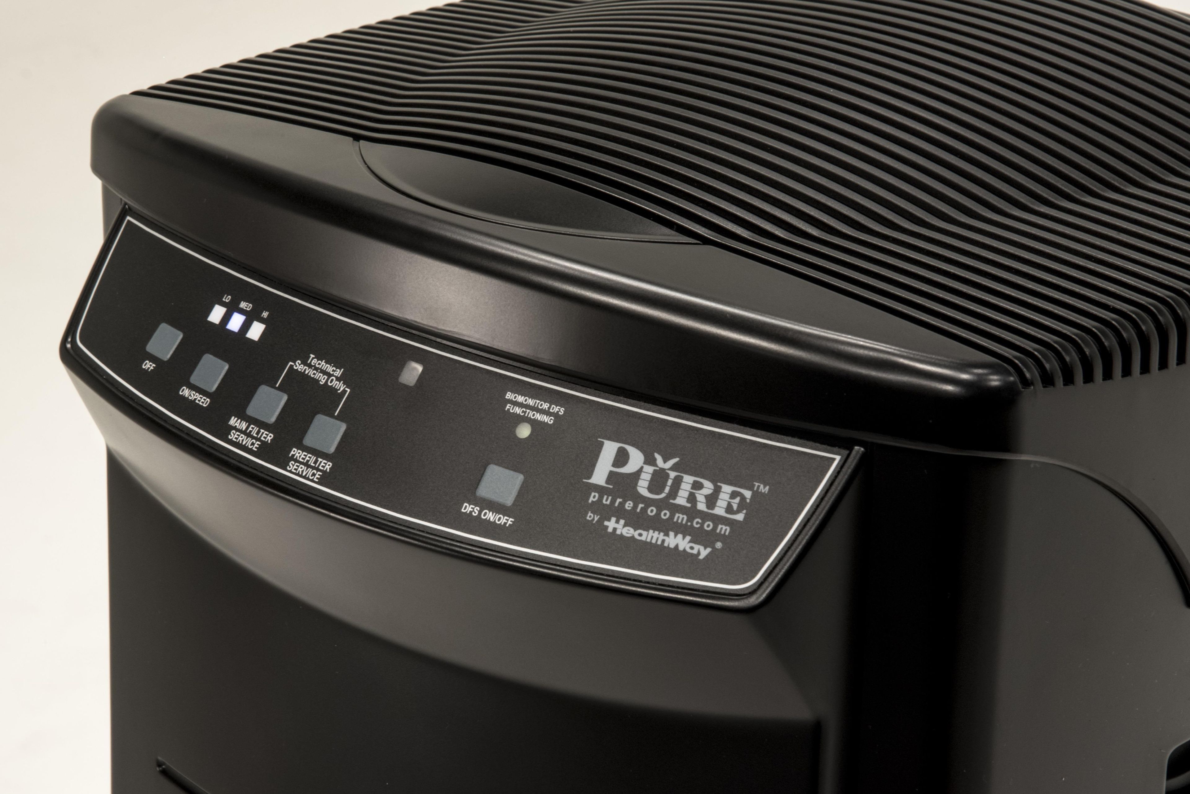 Un purificador de aire negro con un panel de control que muestra diversas opciones de servicio.