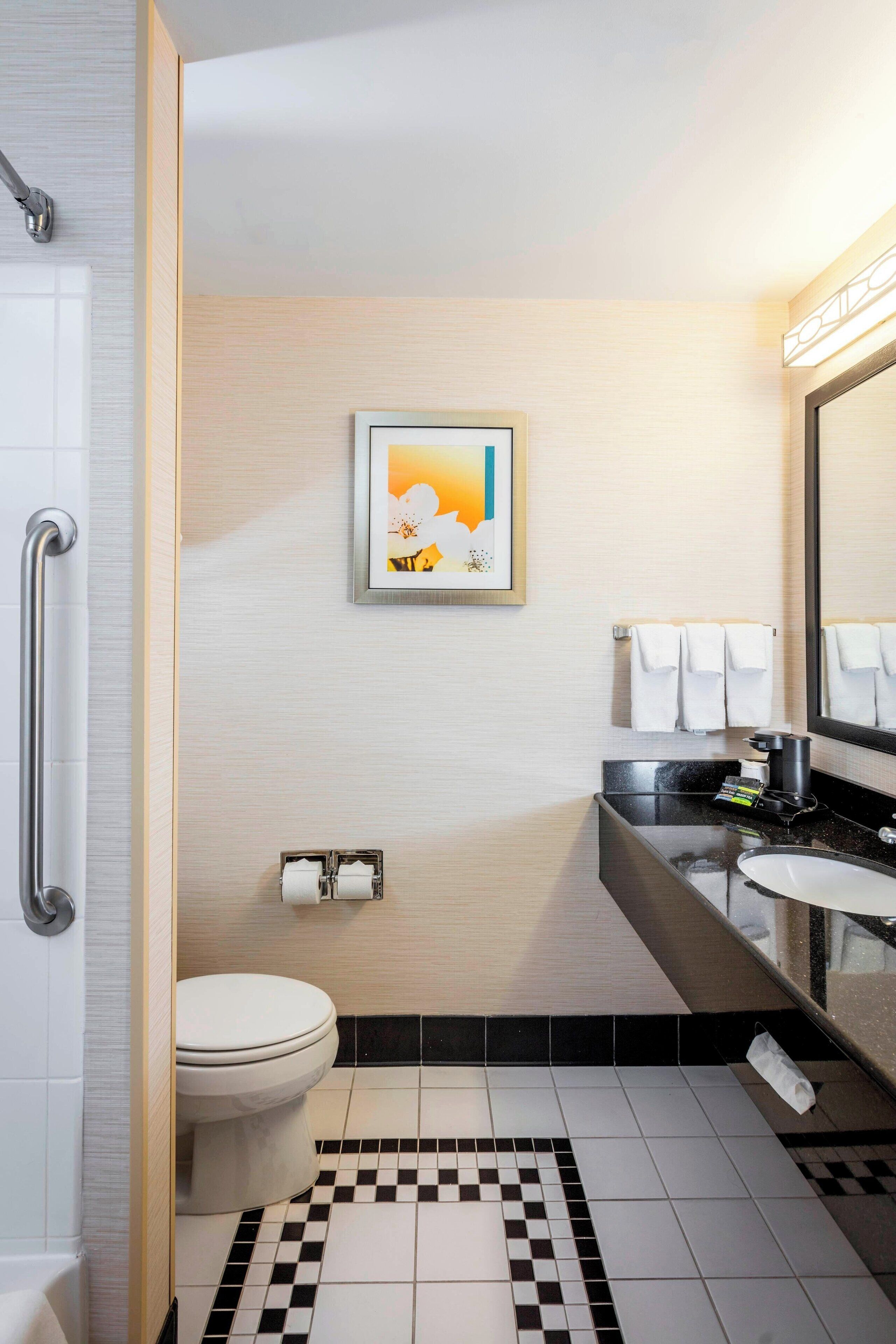 Combined shower/bathtub, eco-friendly toiletries, hair dryer, towels