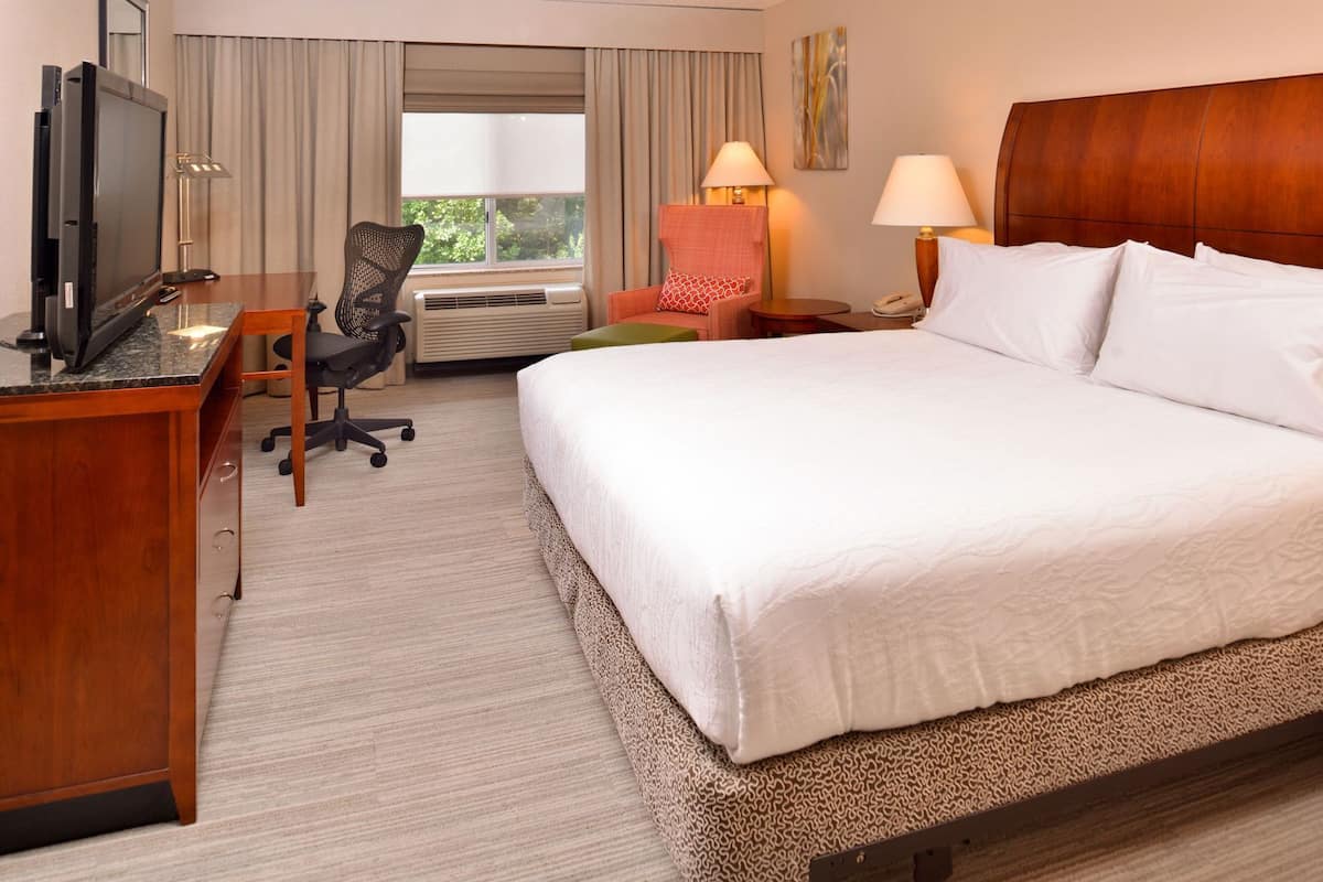 A hotel room with a bed, desk, chair, TV, lamp, and window.