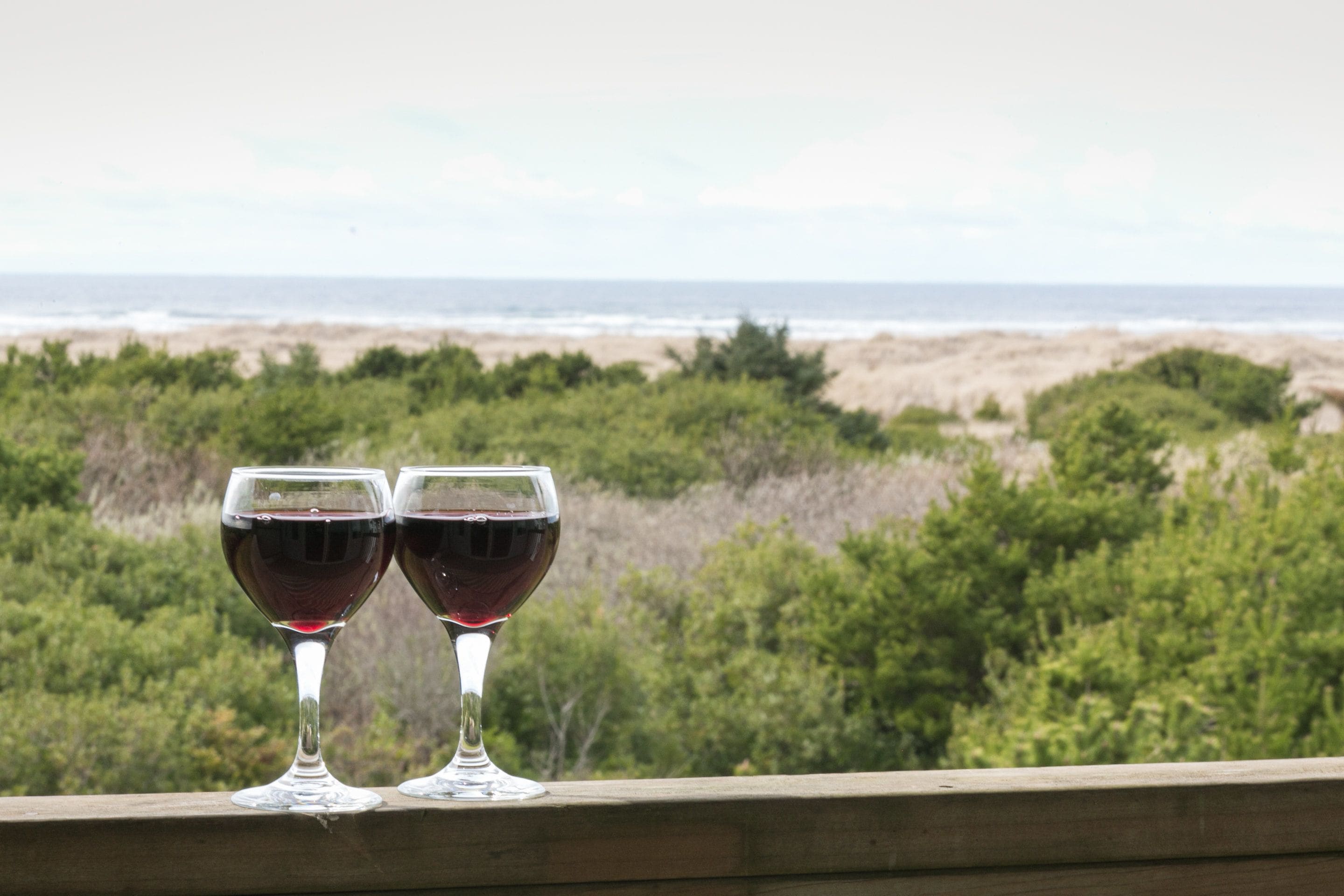 Two wine glasses on a balcony overlooking a beach with a view of the ocean and greenery.
