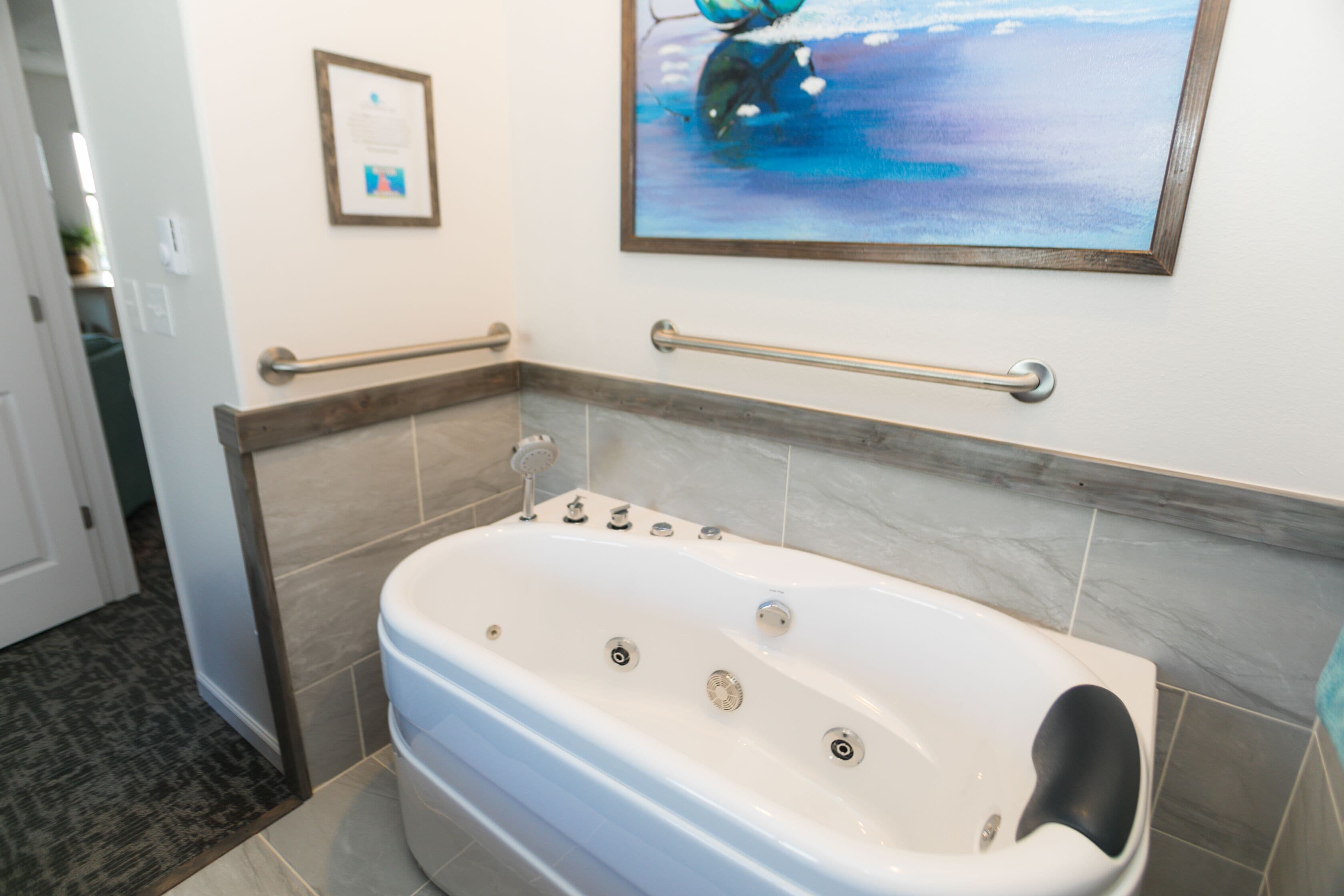 A modern bathroom with a large bathtub, handrails, and a framed picture on the wall.