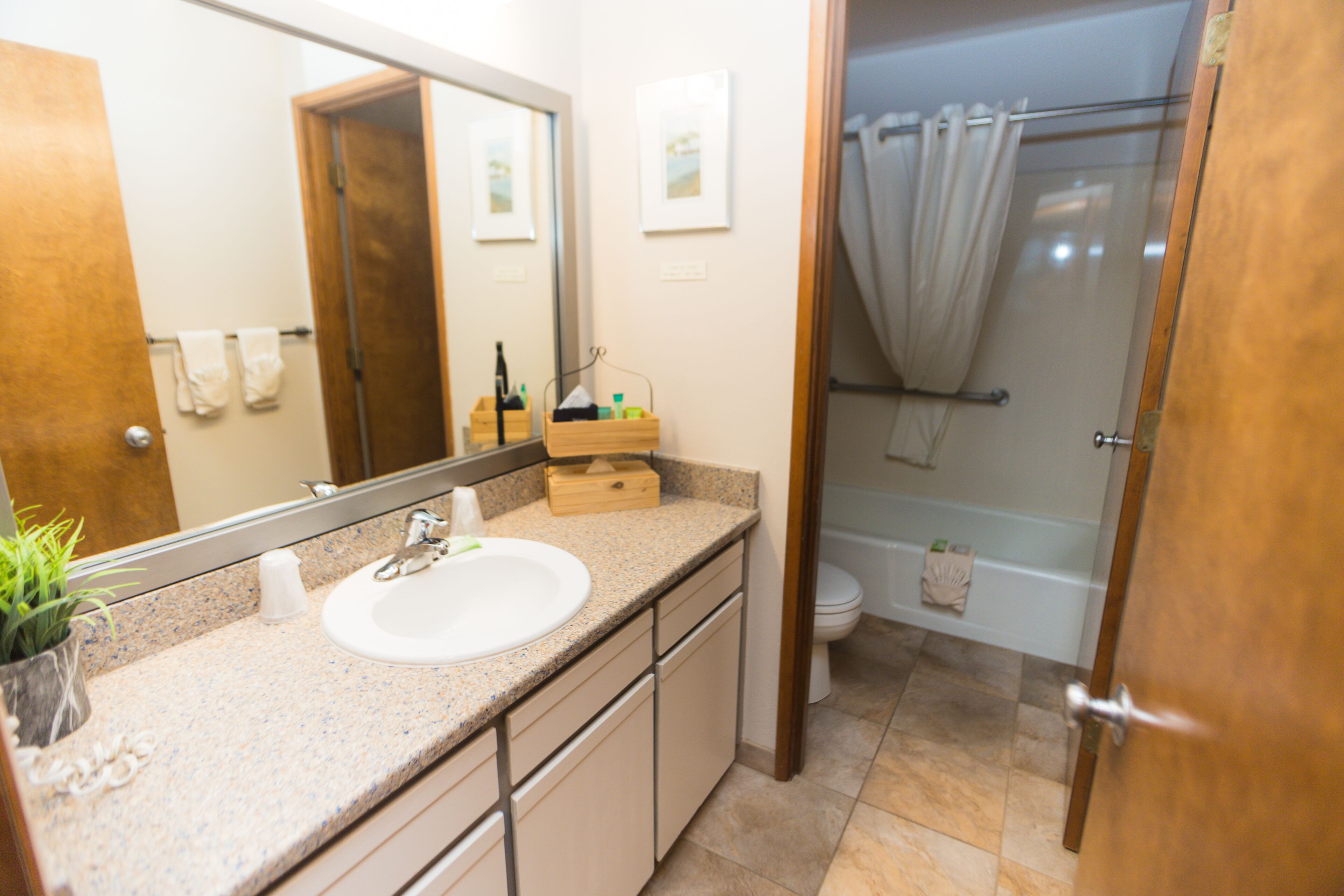 A bathroom with a sink, mirror, and shower area.