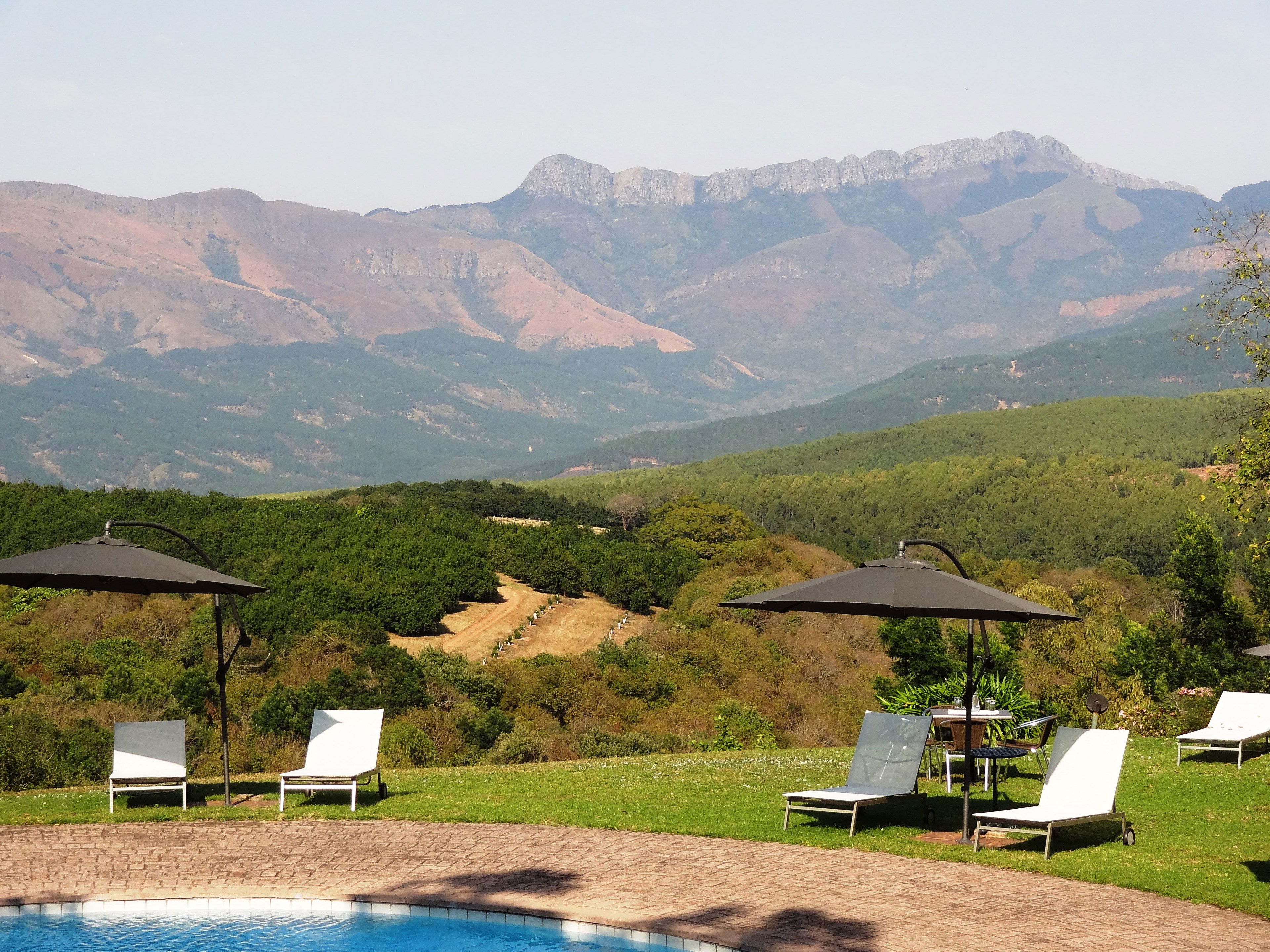 Zona de piscina con sillas de descanso y sombrillas, rodeada de exuberante vegetación y montañas al fondo.