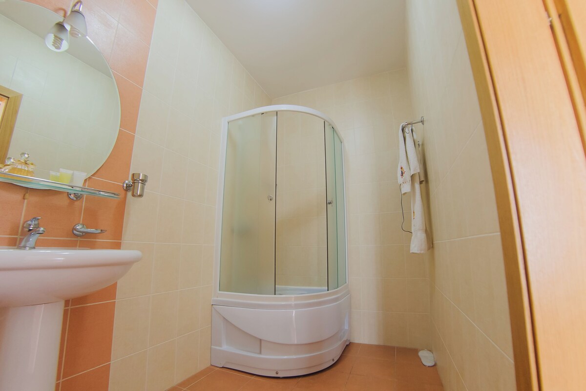 A bathroom with a glass-enclosed shower, a sink, and a mirror.