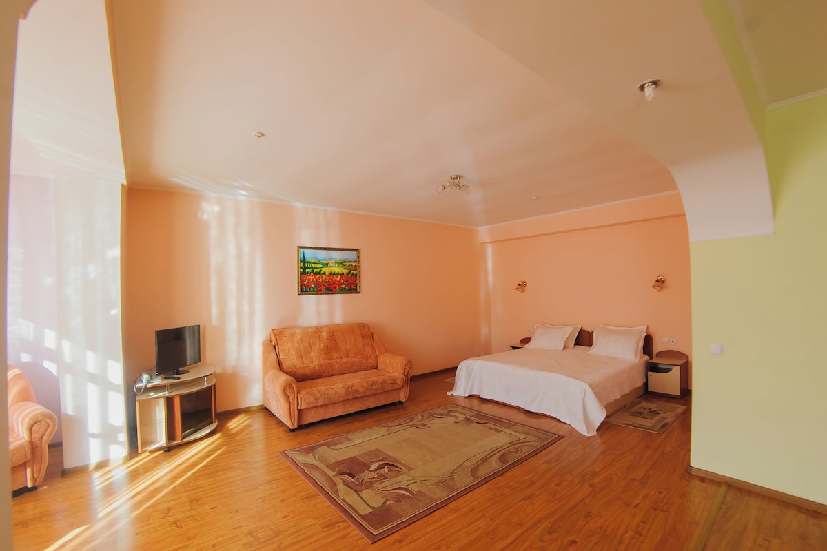 A bedroom with a bed, a sofa, a TV on a stand, and a painting on the wall.