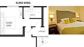 A hotel room layout with a desk, bathroom, and a landing area.
