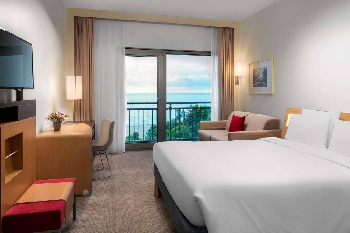 A hotel room with a bed, a desk, a chair, a TV, and a balcony with a view.