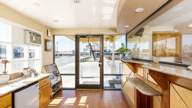 Una cucina moderna con mobili in legno, lavastoviglie integrata e un'ampia finestra che dà su una strada.