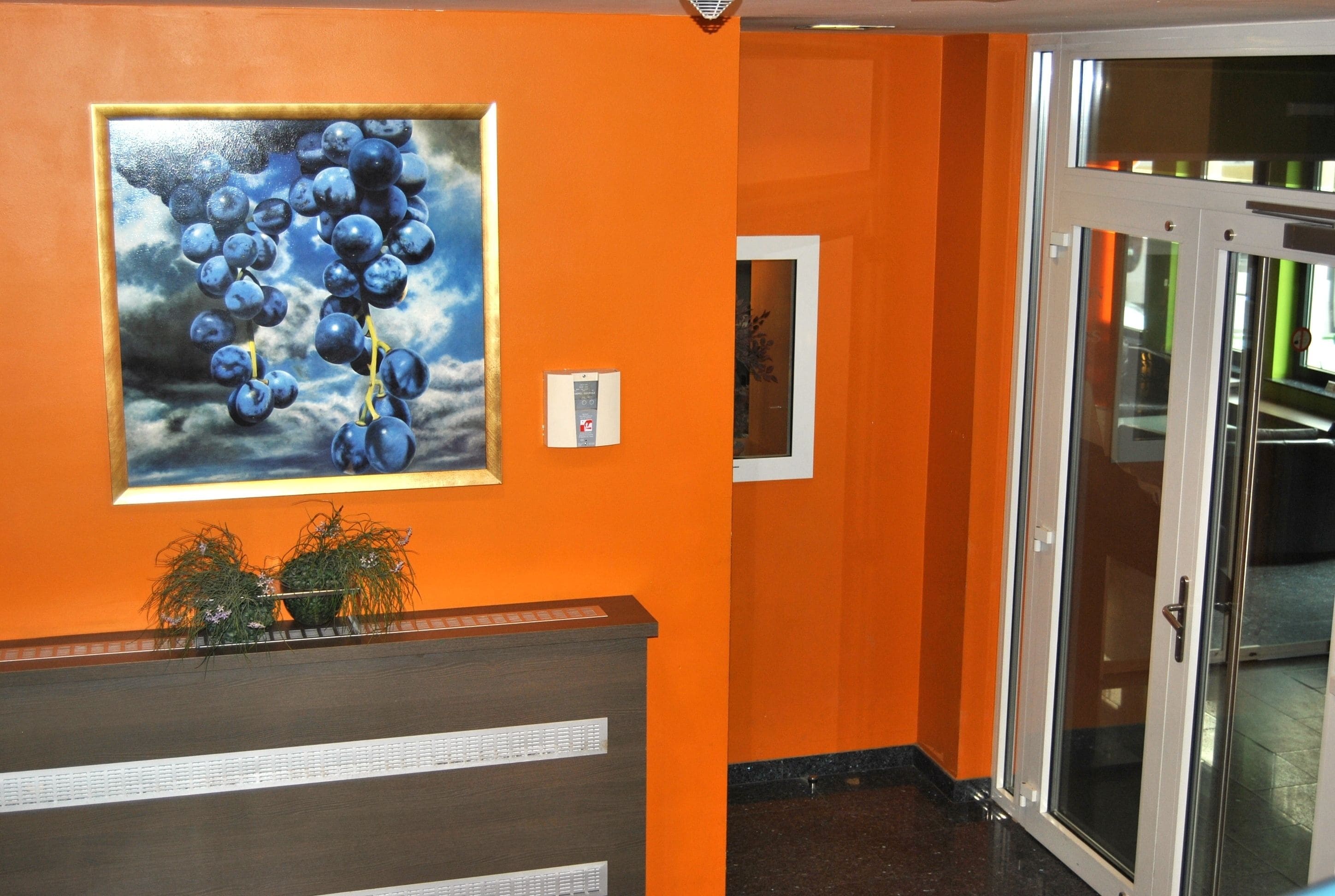 An interior with orange walls, a reception desk with a plant, and a glass door leading to another room.