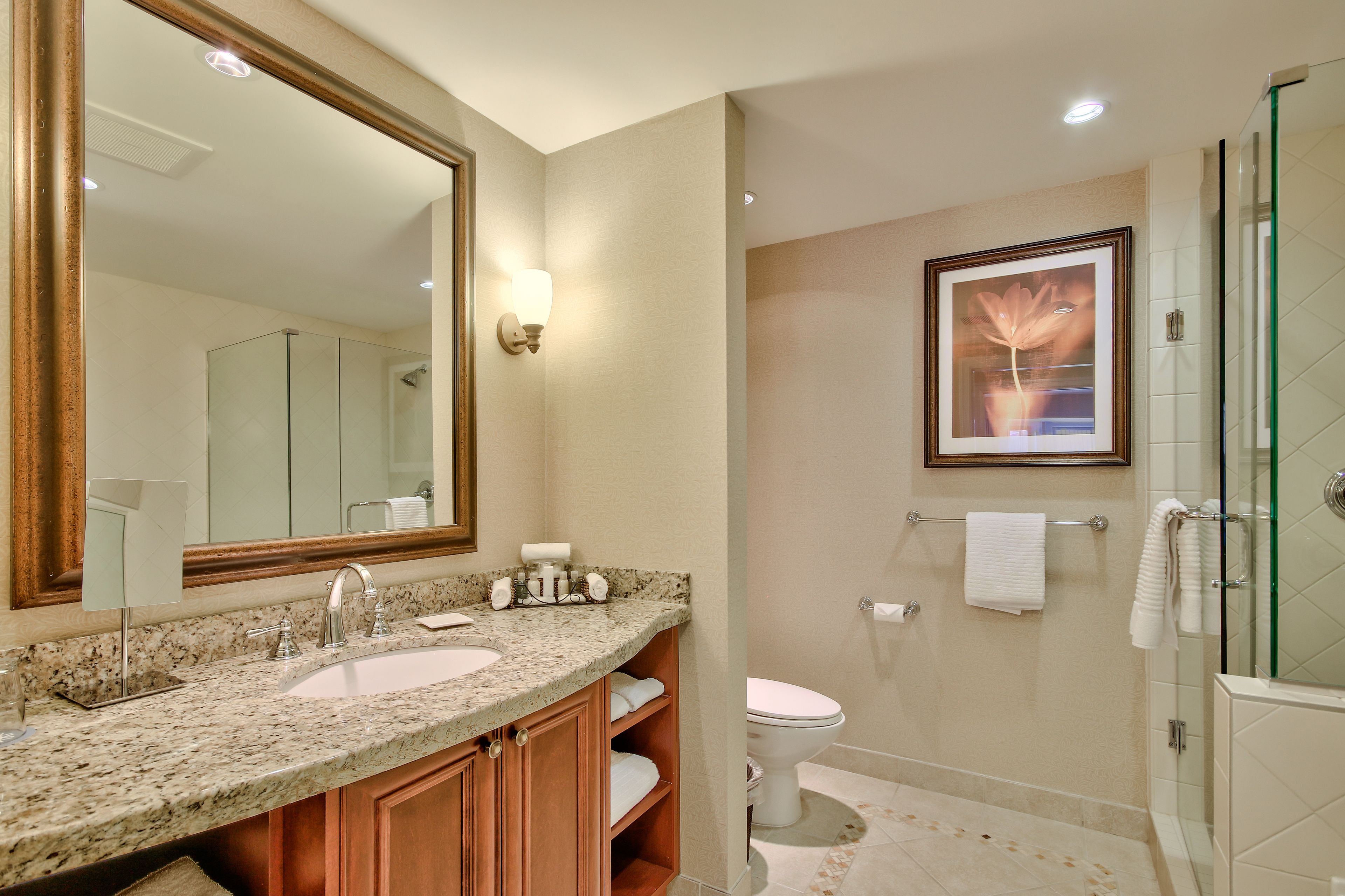 separate bathtub and shower, hydromassage showerhead, free toiletries