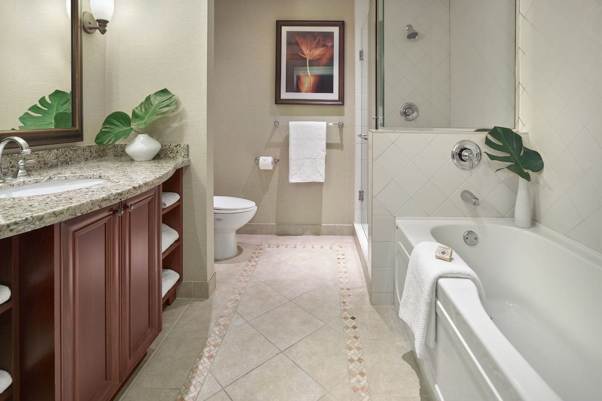 separate bathtub and shower, hydromassage showerhead, free toiletries