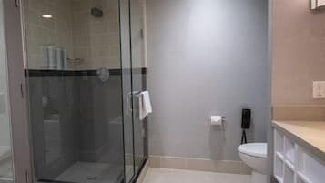 A modern bathroom with a glass-enclosed shower, a toilet, and a sink.