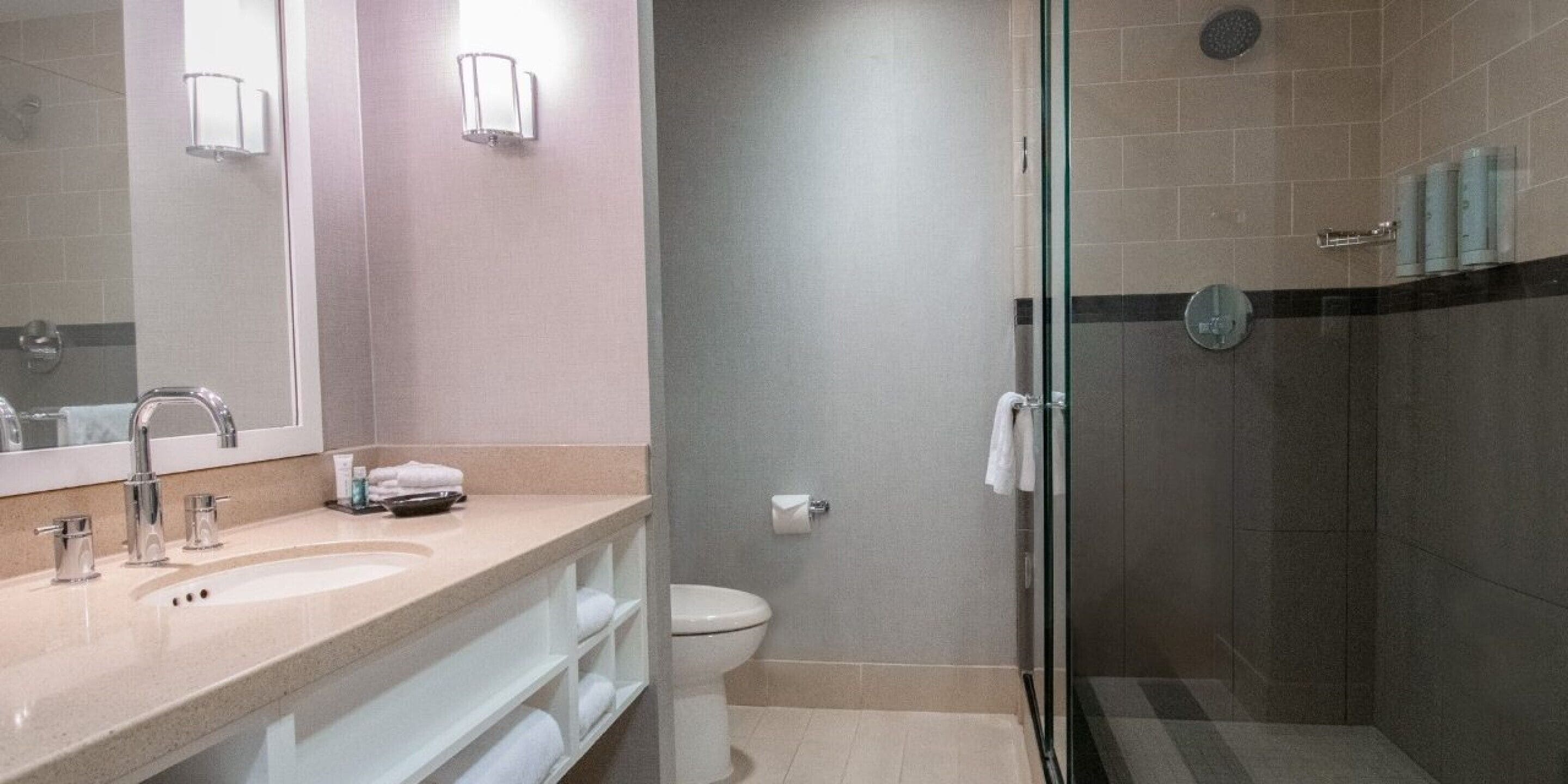 A modern bathroom with a glass shower enclosure, a sink with a vanity, and a toilet.