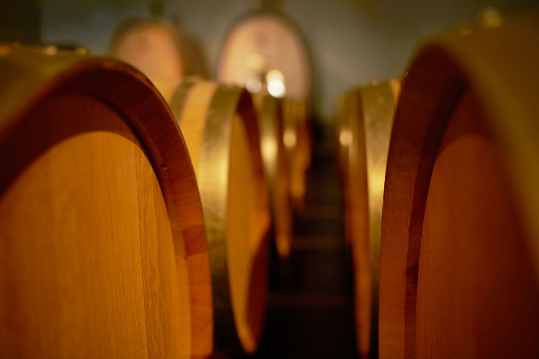 File di botti di legno in un ambiente poco illuminato.