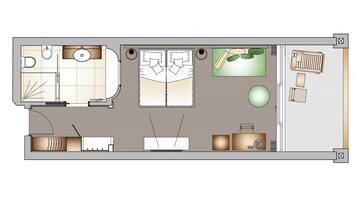 Indeling van een hotelkamer met een bed, twee nachtkastjes, een bureau, een stoel, een klein tafeltje, een bank en een raam en een deur.
