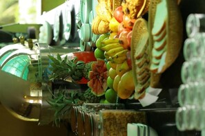 Fresh produce and packaged goods are on display in this well-organized space.