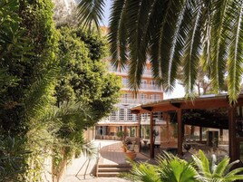 Un edificio con un espacio al aire libre techado, rodeado de abundante vegetación y palmeras.