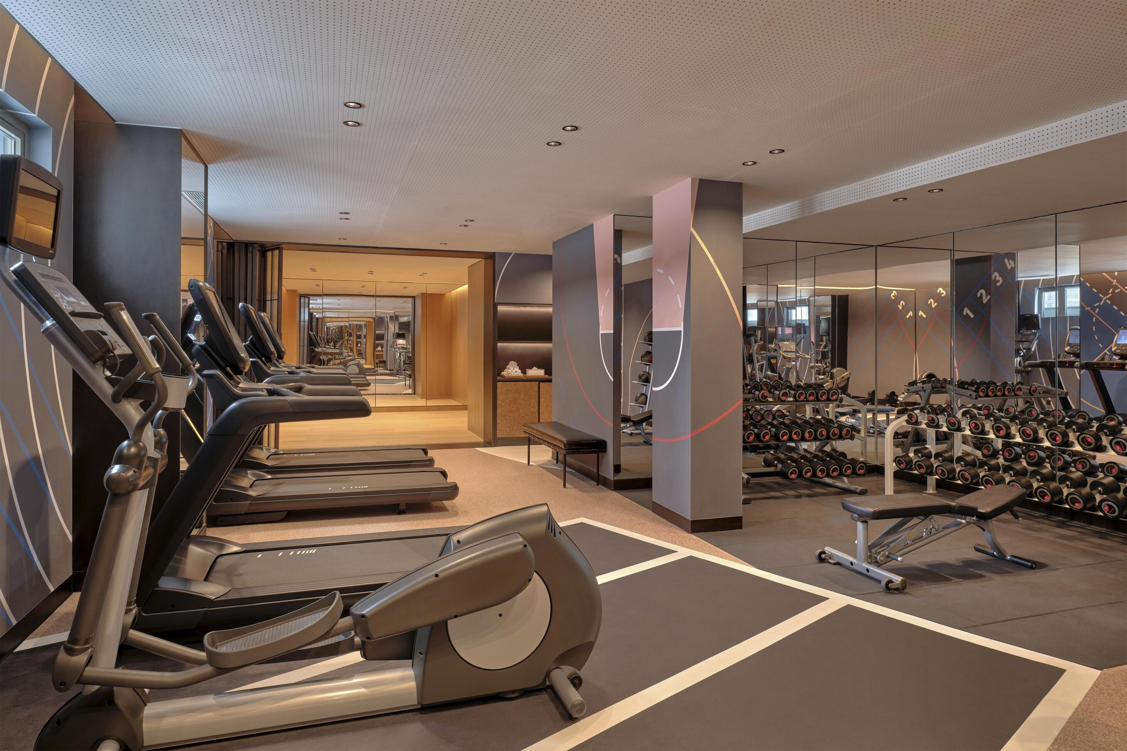 A gym with treadmills, a bench, and a wall of dumbbells.